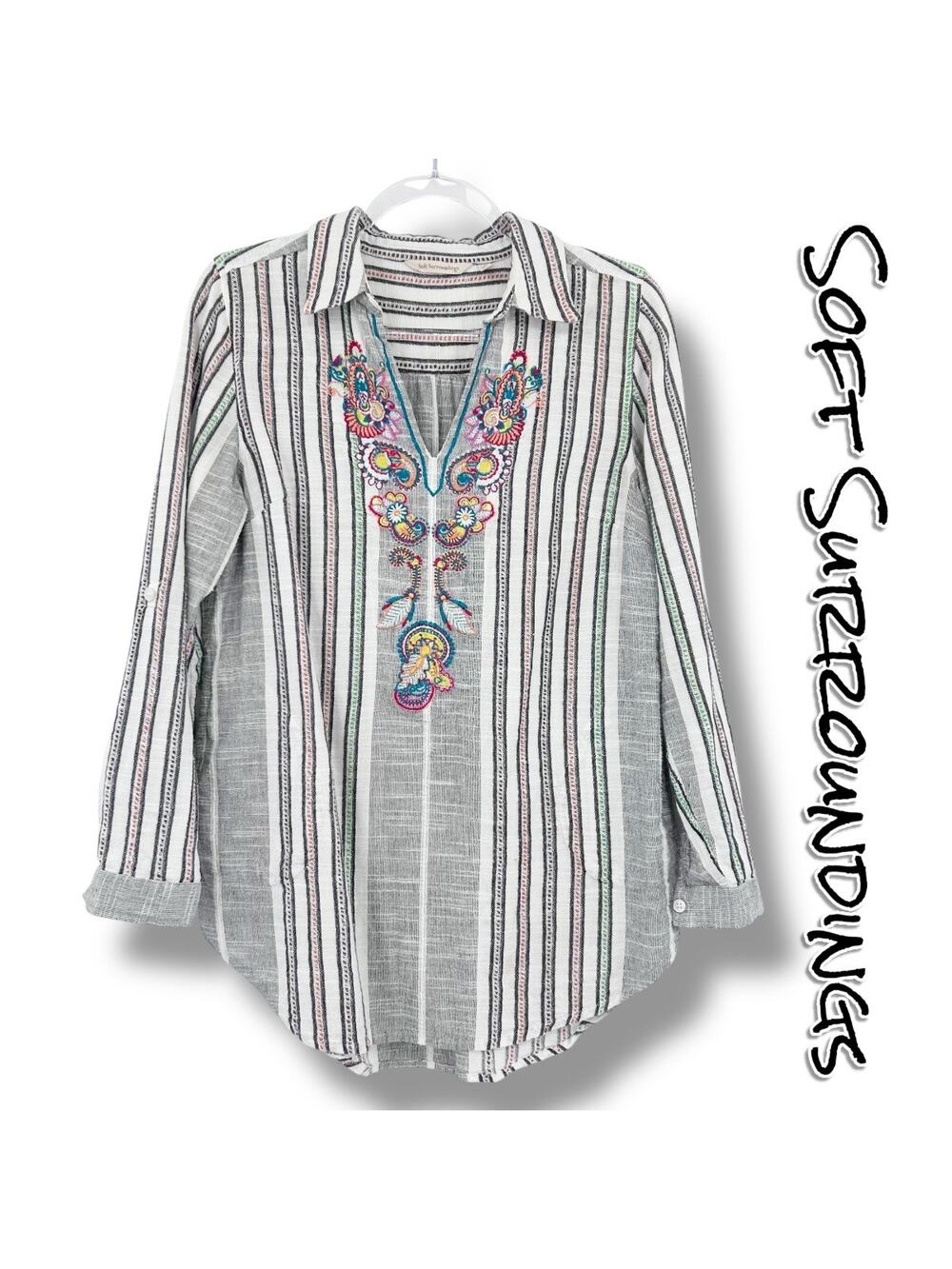 Soft Surroundings Embroidered Boho Tunic Top Striped Cotton Womens Sz Small Flaw